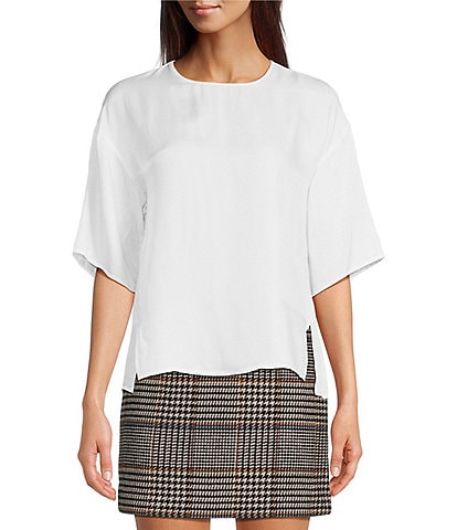 Le' AL.X Woven Crew Neck Dropped Short Sleeve Split Hem Blouse