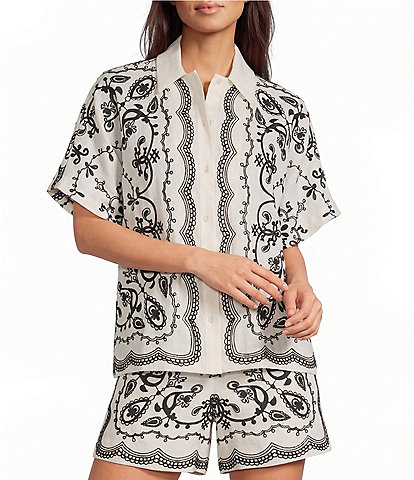 Le' AL.X Woven Embroidered Collared Short Sleeve Button Front Coordinating Shirt