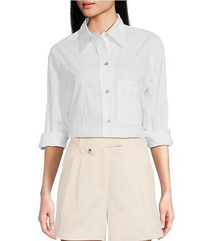 Le' AL.X Woven Point Collar Button Cuff Long Sleeve Chest Patch Pocket Button Front Crinkle Blouse