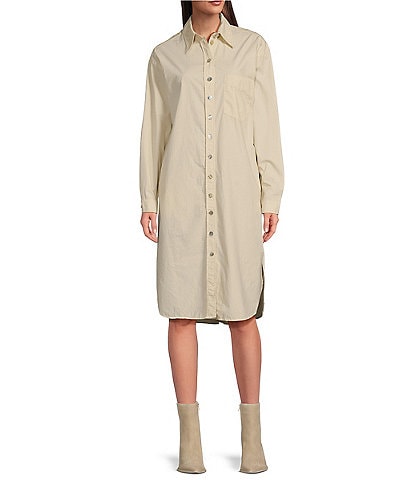 Le' AL.X Woven Point Collar Long Sleeve Button Front Shirttail Below the Knee Dress