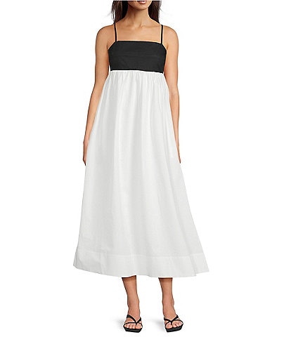 Le' AL.X Woven Poplin Colorblock Sqaure Neck Spaghetti Strap Empire Waist A-Line Flounce Maxi Dress