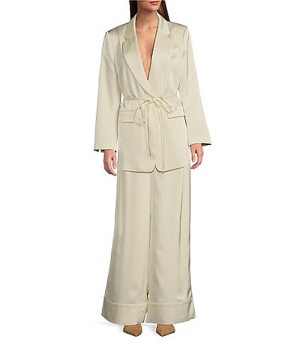 Le' AL.X Woven Satin Notch Lapel Tie at Waist Long Line Blazer & High Rise Pleated Front Tall Cuff Full Length Trousers