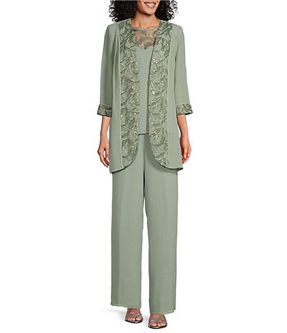 Le Bos Round Neck 3/4 Sleeve Embroidered Trim Duster 3-Piece Pant Set