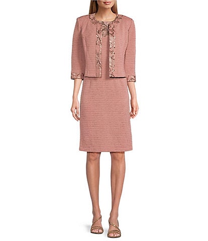 Le Bos Round Neck 3/4 Sleeve Embroidered Mesh Trim Textured 2-Piece Jacket Dress