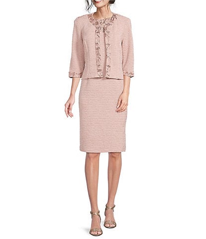 Le Bos Round Neck 3/4 Sleeve Embroidered Mesh Trim Textured 2-Piece Jacket Dress