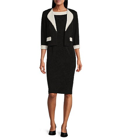 Le Bos Round Neck 3/4 Sleeve Embroidered Mesh Trim Textured 2-Piece Jacket  Dress