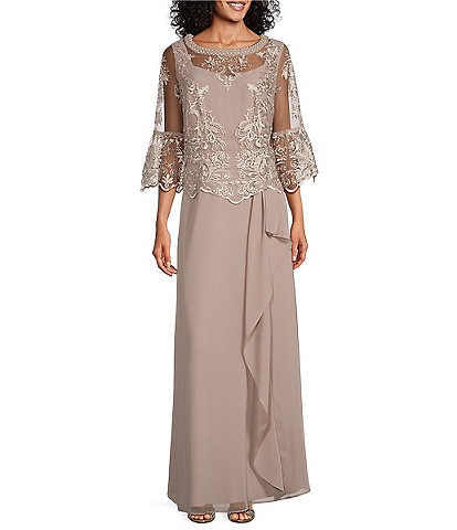 Le Bos 3/4 Bell Sleeve Beaded Trim Round Neck Embroidered Lace Popover Cascade A-Line Gown