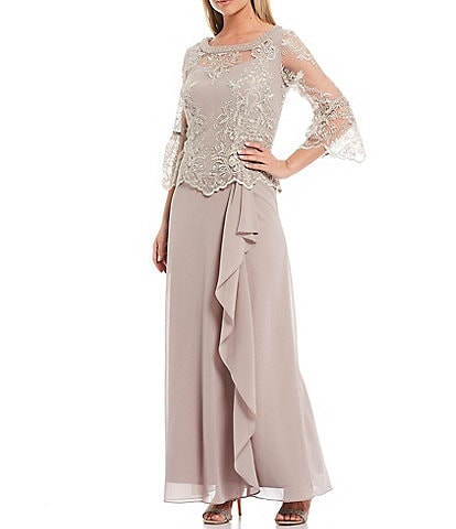 Le Bos 3/4 Bell Sleeve Beaded Trim Round Neck Embroidered Lace Popover Cascade A-Line Gown