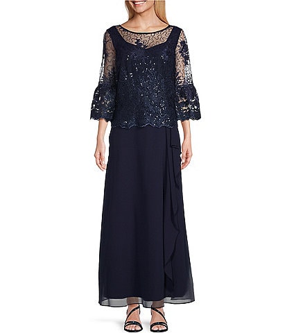 Le Bos Embroidered Lace Pebble Georgette 3/4 Sleeve Illusion Crew Neck Gown