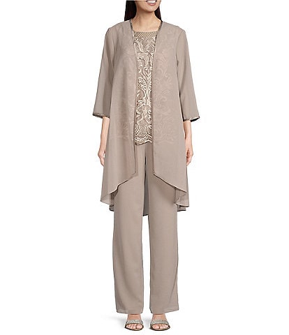 Le Bos Embroidered Mesh Round Neck 3/4 Sleeve Satin Trim Georgette 3-Piece Duster Pant Set
