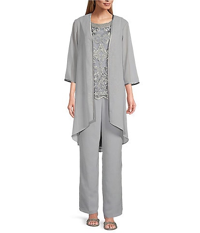 Le Bos Embroidered Mesh Round Neck 3/4 Sleeve Satin Trim Georgette 3-Piece Duster Pant Set