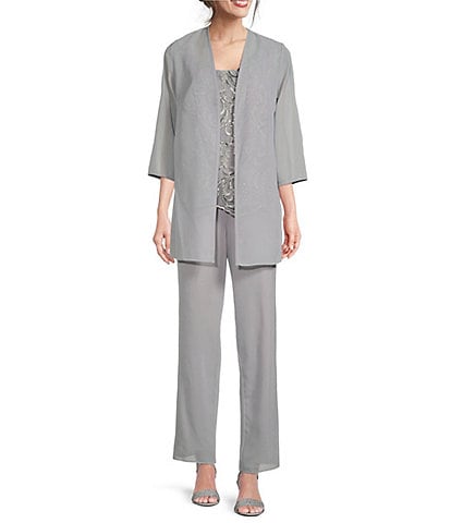 Le Bos Embroidered Round Neck 3/4 Sleeve Chiffon 3-Piece Pant Set