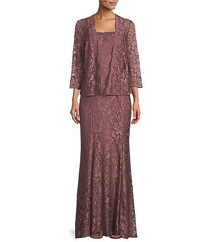 Le Bos Embroidered Stretch Floral Lace 3/4 Sleeve Square Neck 2-Piece Jacket Gown