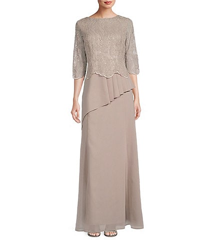 Le Bos Georgette Embroidered Crew Neck 3/4 Sleeve Asymmetrical Tiered Gown