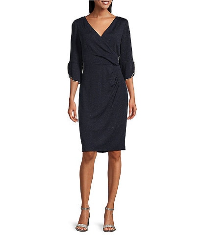 Le Bos Glitter Knit 3/4 Bell Sleeve Faux Wrap Dress