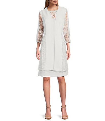 Le Bos Lace Panel 3/4 Sleeve Stretch Knit Duster Embellished Crew Neck 2-Piece Jacket Dress