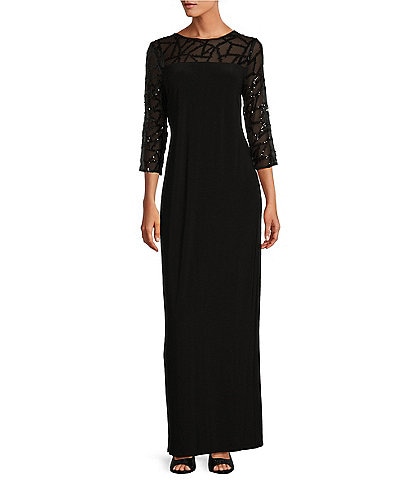 Le Bos Long Mesh Sleeve Illusion Crew Neck Sequin Stretch Column Gown