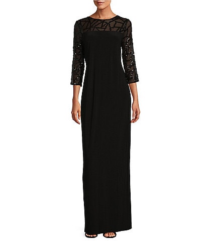 Le Bos Lace Mesh 3/4 Sleeve Illusion Crew Neck Sequin Stretch Back Slit Column Gown