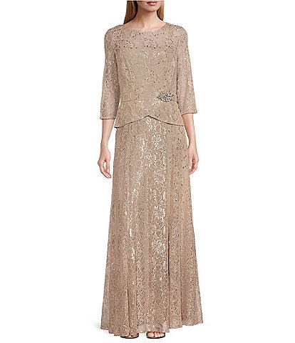 Le Bos Metallic Lace Peplum Round Neck 3/4 Sleeve Gown