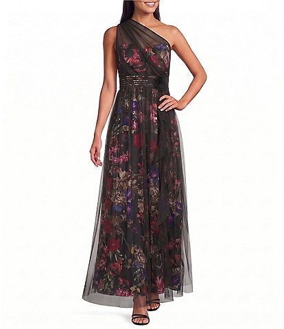 Le Bos One Shoulder Printed Charmeuse Mesh Overlay Dress