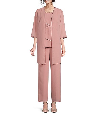 Le Bos Pebble Georgette Satin Trim Tiered Beaded Crew Neck 3/4 Sleeve 3-Piece Pant Set