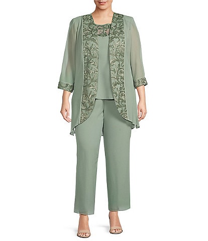 Le Bos Plus Size Round Neck 3/4 Sleeve 3-Piece Embroidered Trim Duster Pant Set