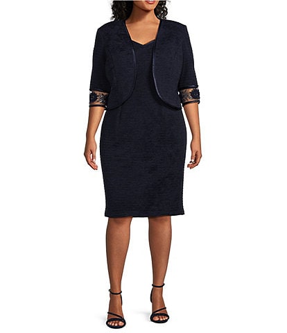 Le Bos Plus Size 3/4 Mesh Embroidered Sleeve V-Neck Crinkle Knit 2-piece Jacket Dress
