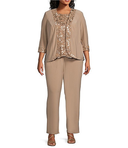 Le Bos Plus Size 3/4 Sleeve Crew Neck Sequin Embroidered 3-Piece Pant Set