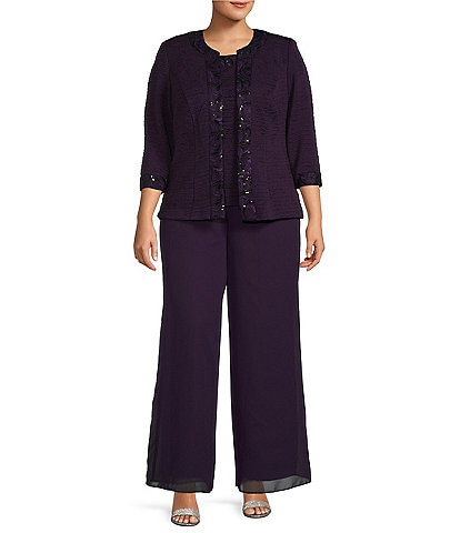 Le Bos Plus Size 3/4 Sleeve Embroidery Trim Crinkle Knit Round Neck 3-Piece Pant Set