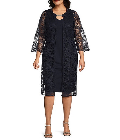 Le Bos Plus Size 3/4 Sleeve Lace A-Line 2-Piece Jacket Dress