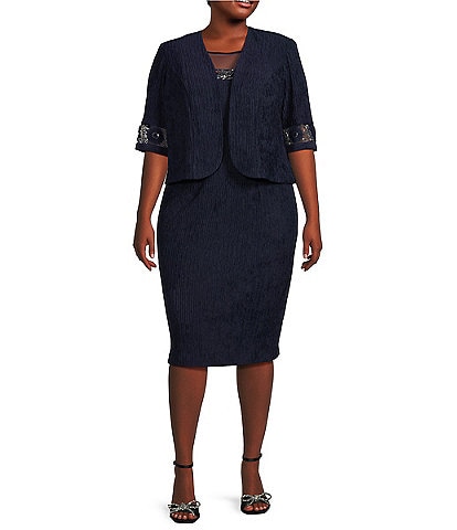 Le Bos Plus Size 3/4 Sleeve Mesh Embroidered Crew Neck 2-Piece Jacket Dress