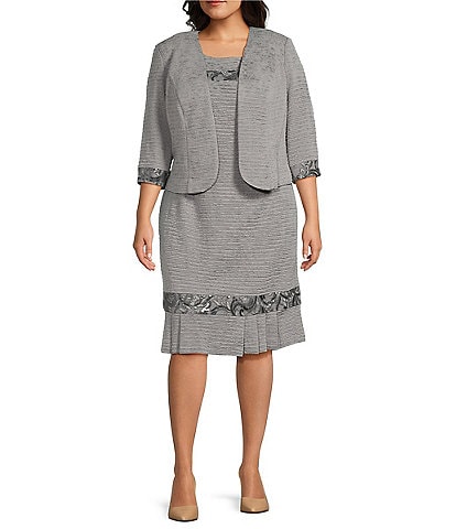 Le Bos Plus Size 3/4 Sleeve Round Neck Embroidered Flounce Hem 2-Piece Jacket Dress