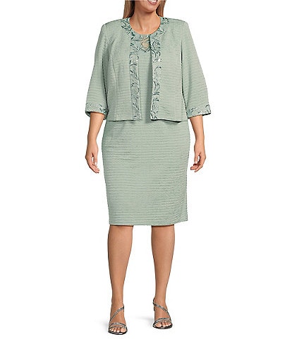 Le Bos Plus Size 3/4 Sleeve Round Neck Embroidered Mesh Trim Textured 2-Piece Jacket Dress