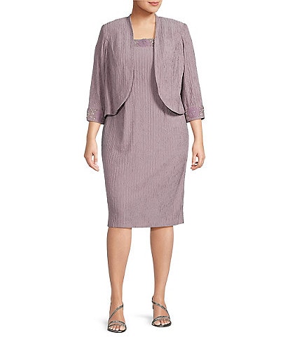 Le Bos Plus Size Crinkle Knit 3/4 Sleeve Embroidered Crew Neck 2-Piece Jacket Dress