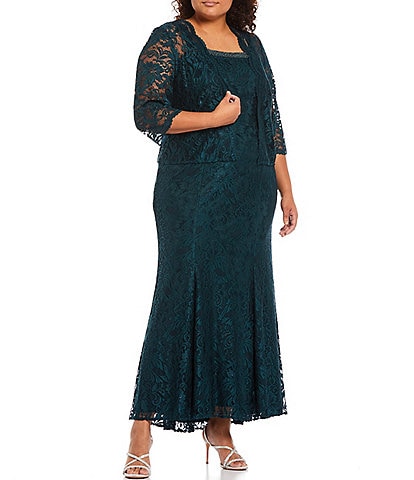 Le Bos Plus Size Embroidered Stretch Lace Square Neck 3/4 Sleeve 2-Piece Jacket Dress