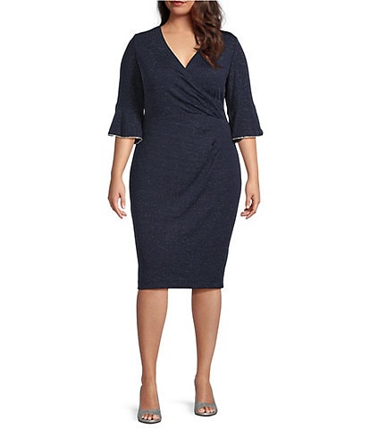 Le Bos Plus Size Glitter Knit 3/4 Bell Sleeve Faux Wrap Dress