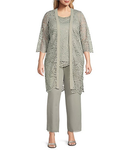 Le Bos Plus Size Lace 3/4 Sleeve Beaded Round Neck 3-Piece Duster Knit Pant Set