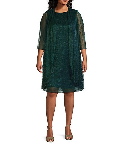 Le Bos Plus Size Metallic Fortuny Crew Neck Sleeveless 2-Piece Duster Jacket Dress