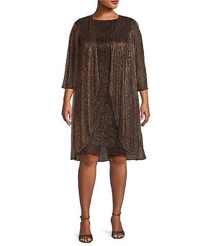 Le Bos Plus Size Metallic Fortuny Crew Neck Sleeveless 2-Piece Duster Jacket Dress