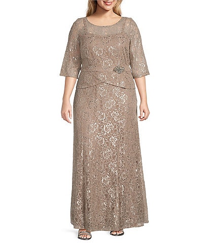 Le Bos Plus Size Round Neck 3/4 Sleeve Metallic Lace Peplum Long Gown