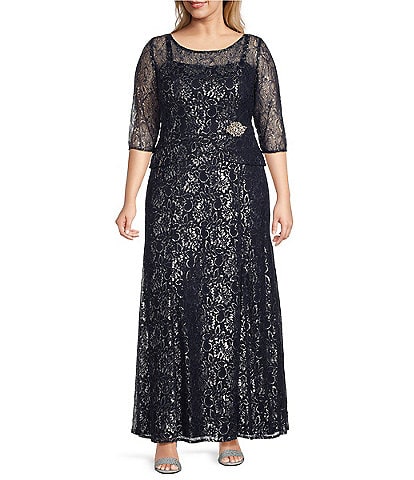 Le Bos Plus Size Round Neck 3/4 Sleeve Metallic Lace Peplum Long Gown