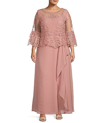 Le Bos Plus Size Pearl Trim Scoop Neck 3/4 Bell Sleeve Lace Popover Cascading A-Line Gown