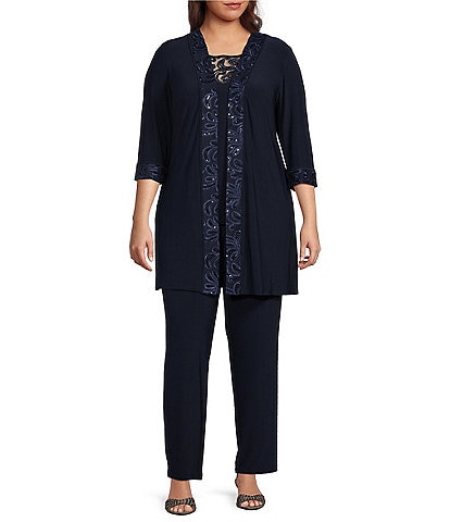 Le Bos Plus Size Round Neck 3/4 Sleeve Embroidered Trim Duster 3-Piece Pant Set