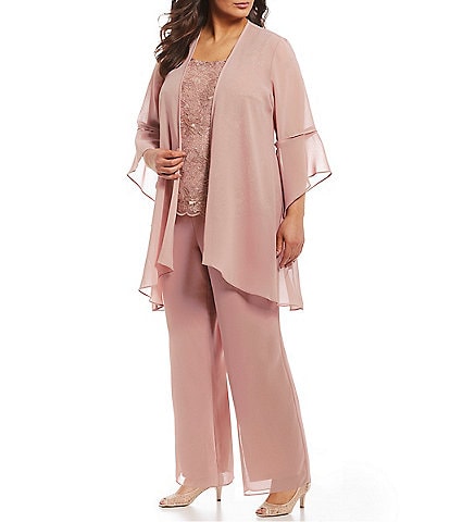 Le Bos Plus Size Scoop Neck 3/4 Sleeve 3-Piece Bell Sleeve Duster Pant Set