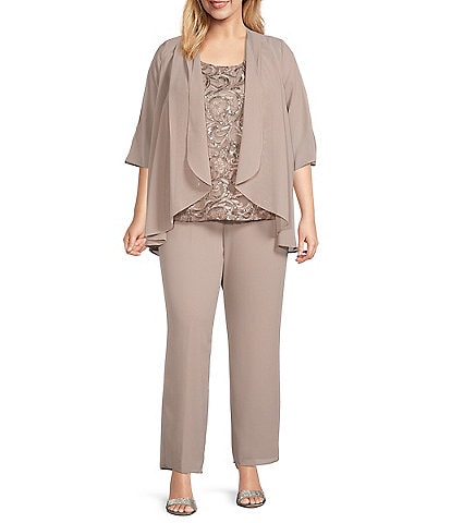 Le Bos Plus Size Scoop Neck Elbow Sleeve Embroidered Shell 3-Piece Pant Set