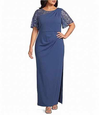 Le Bos Plus Size Sequin Mesh Trim Ruched Shoulder Long Dress