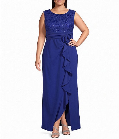 Le Bos Plus Size Sleeveless Embroidered Bodice Cascading Ruffle Long Dress