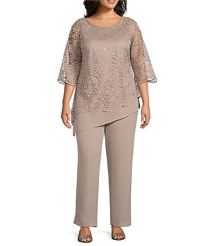 Le Bos Plus Size Stretch Lace 3/4 Sleeve Beaded Round Neck Knit 2-Piece Pant Set