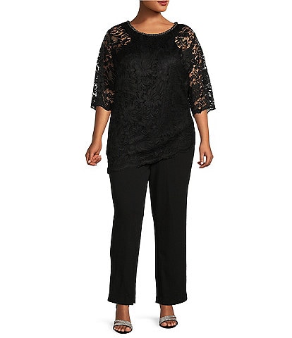 Le Bos Plus Size Stretch Lace 3/4 Sleeve Beaded Round Neck 2-Piece Pant Set