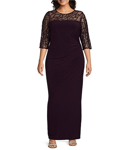 Le Bos Plus Size Stretch Sequin Lace Mesh Crew Neck 3/4 Illusion Sleeve Back Slit Column Dress